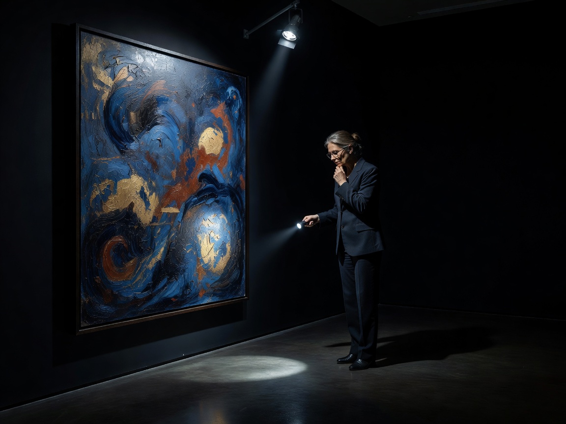 Curator inspecting artwork illuminated in a dark room