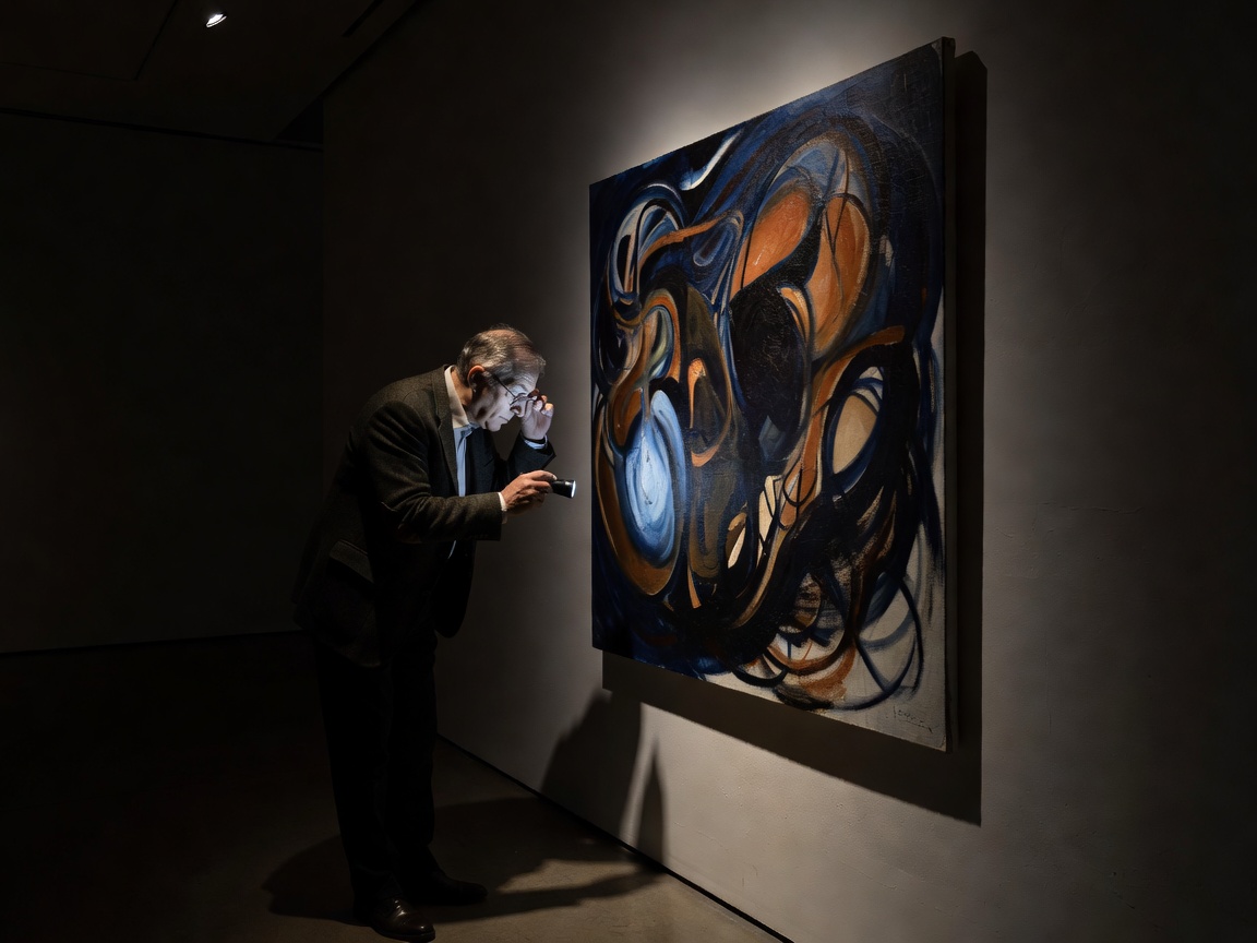 Curator inspecting artwork in shadow