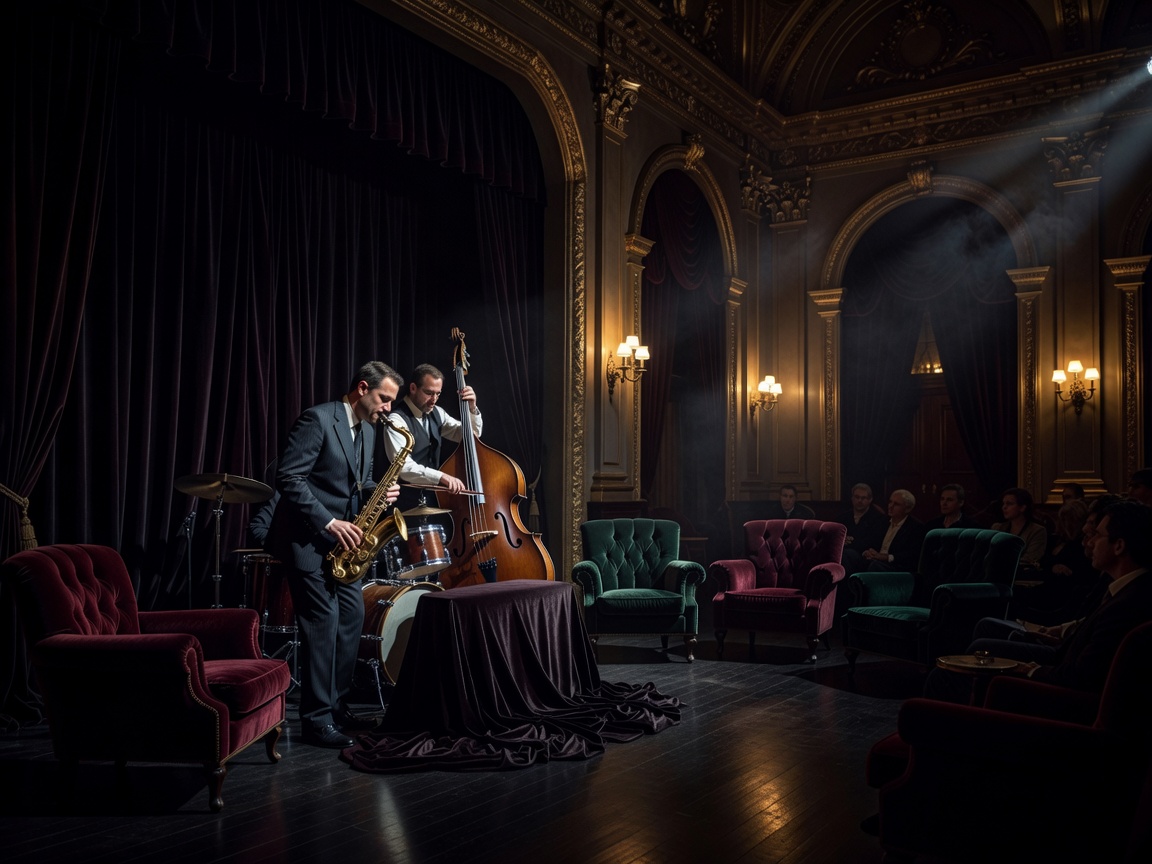 Dark velvet jazz performance setting inside an ornate hall