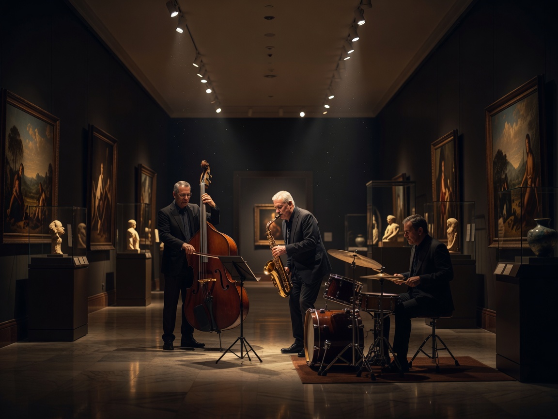Jazz performance inside dimly lit museum gallery
