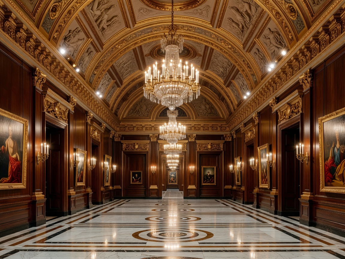Ornate museum interior with golden lighting details