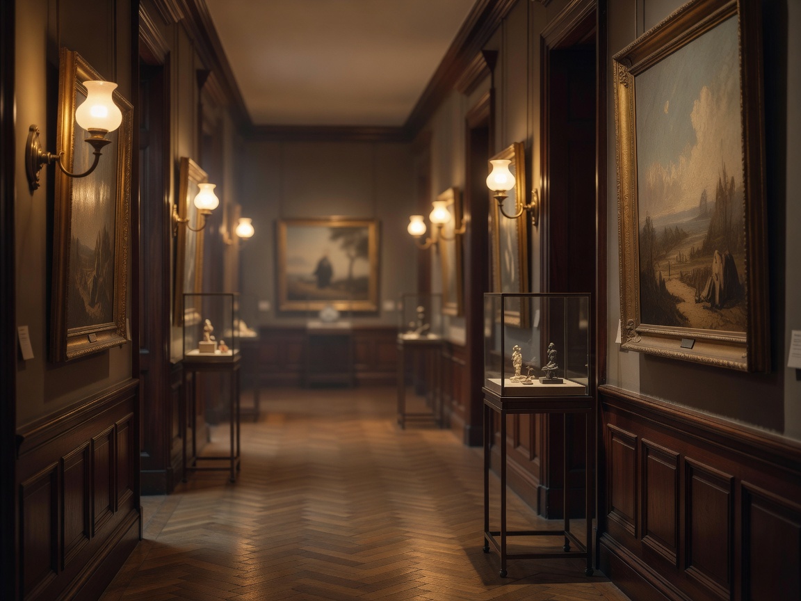 Quiet museum corridor lit by dim golden lamps