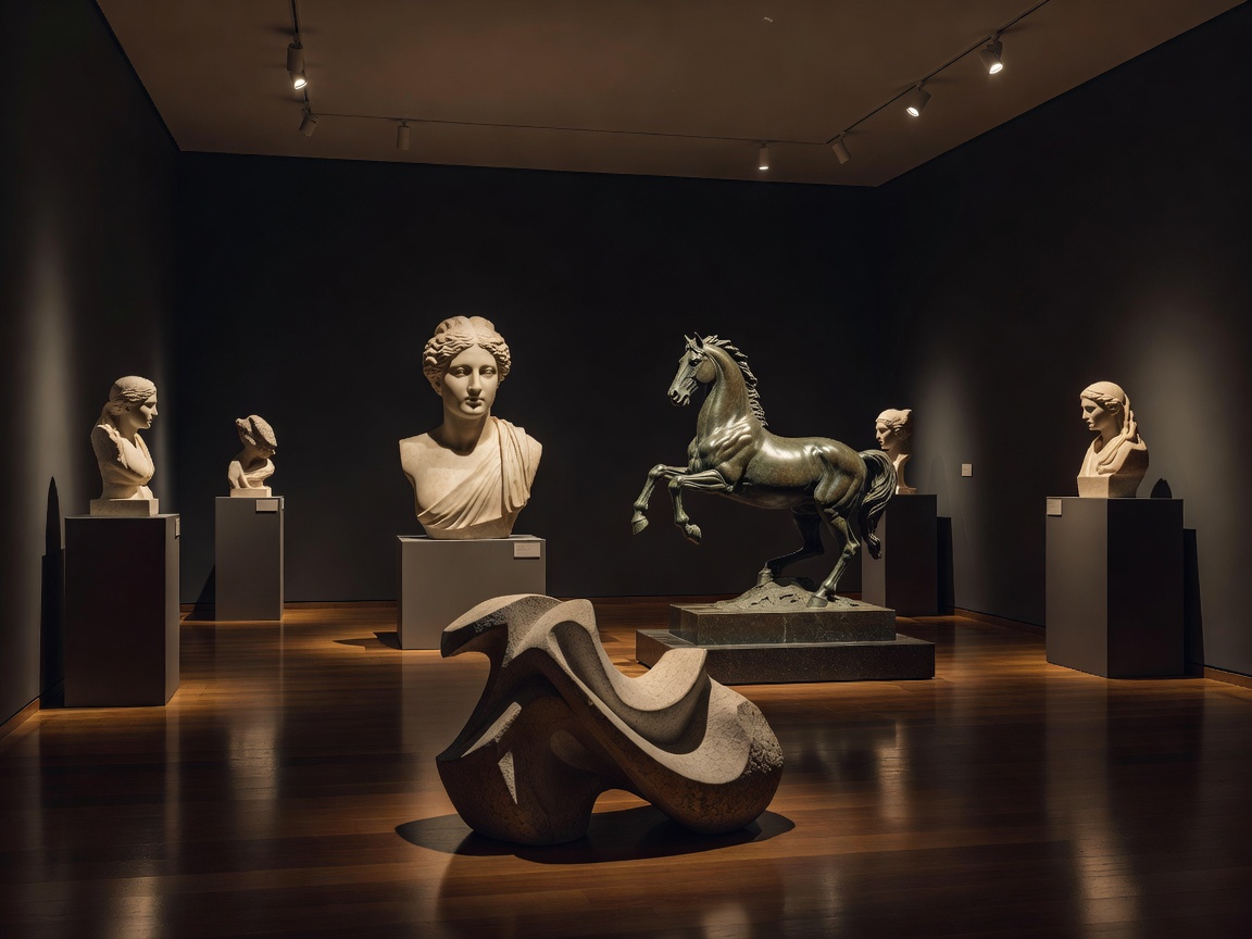 Sculpture gallery lit by subtle warm evening spotlights
