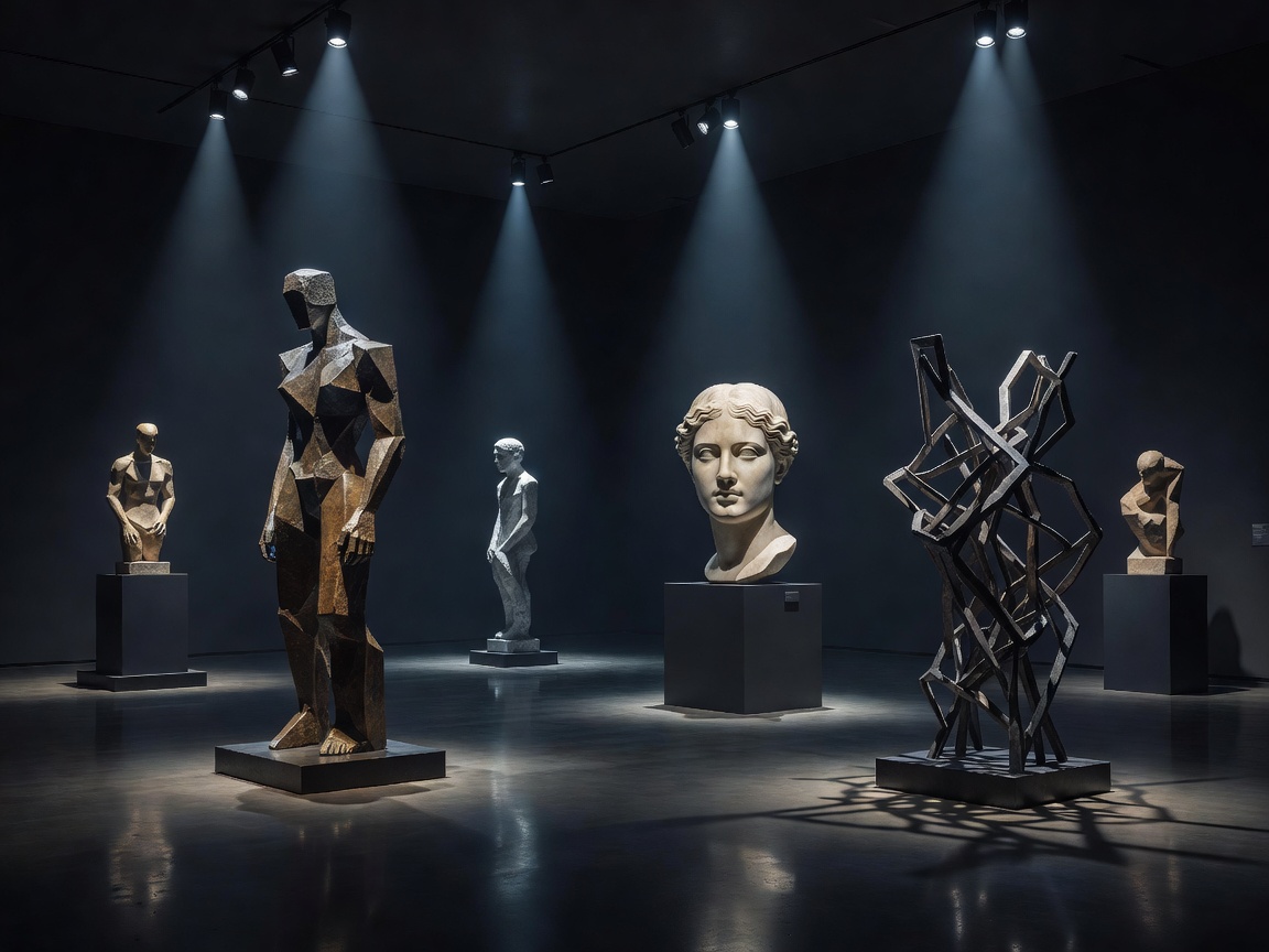 Sculpture gallery under moody nighttime spotlighting